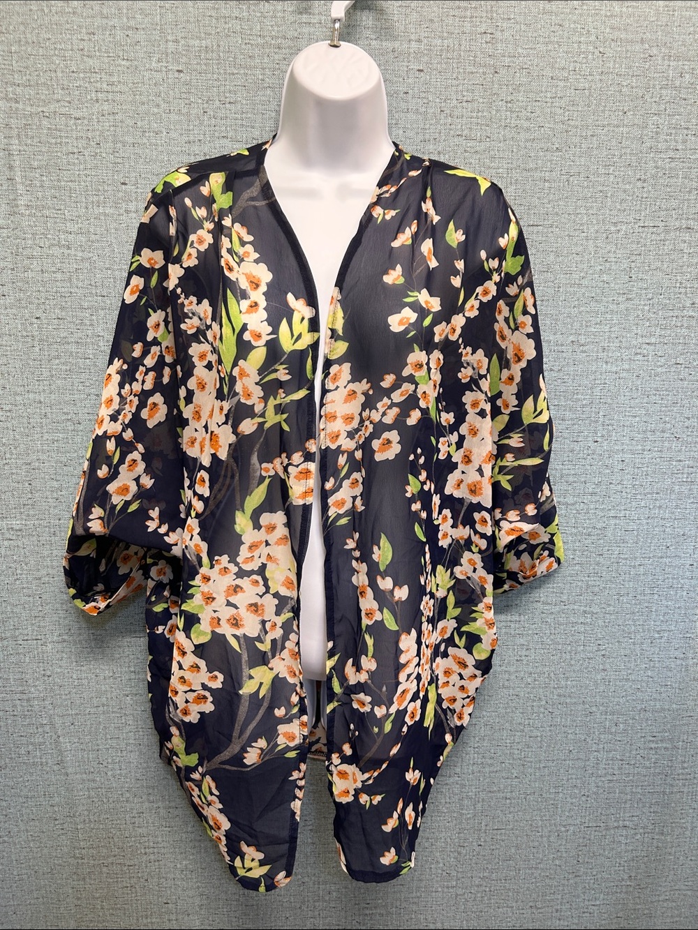 Blue Floral Beach Cover Up Kimono Cardigan Top Size L